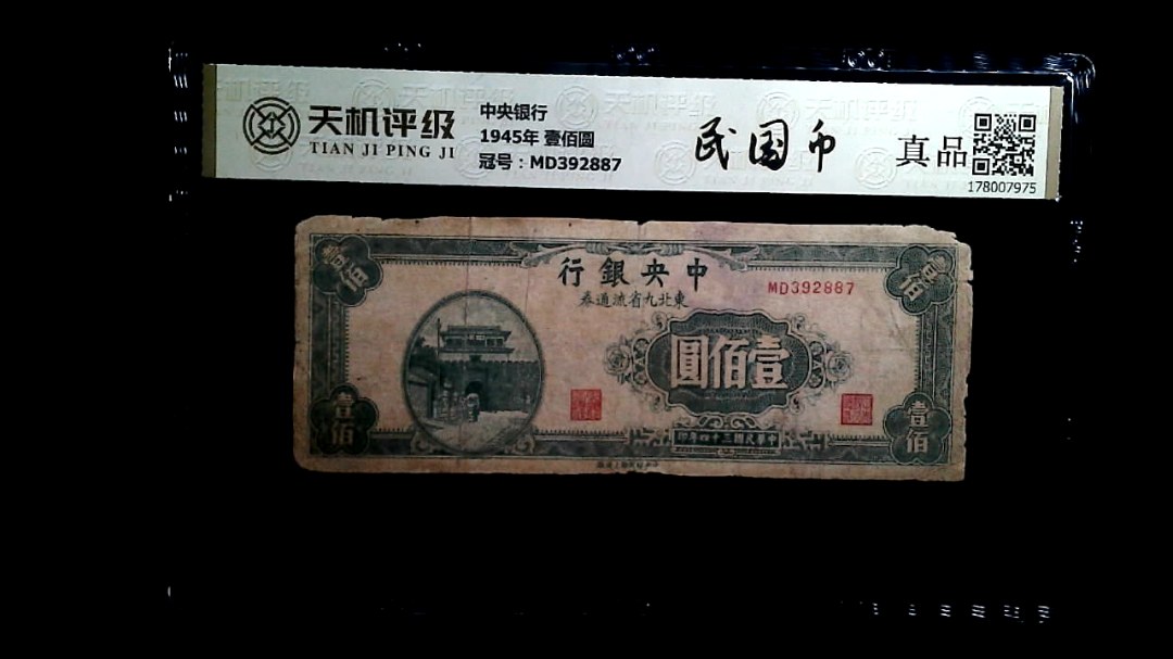 中央银行1945年 壹佰圆，冠号MD392887，纸币，钱币收藏