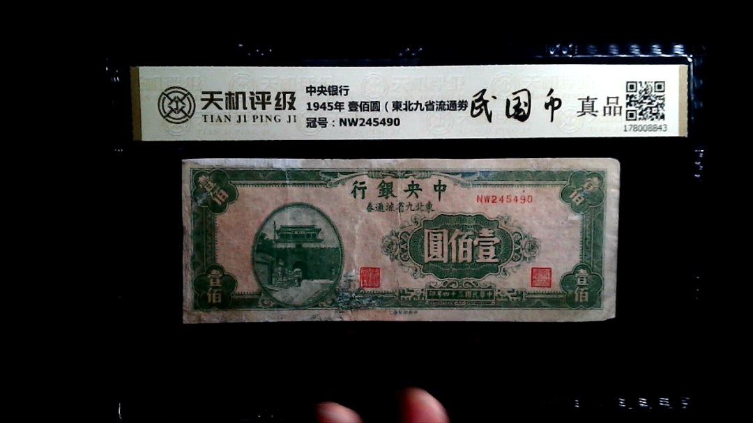 中央银行1945年 壹佰圆（東北九省流通劵），冠号NW245490，纸币，钱币收藏