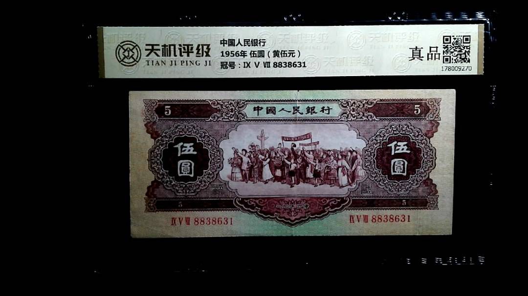 中国人民银行1956年 伍圆（黄伍元），冠号Ⅸ Ⅴ Ⅶ 8838631，纸币，钱币收藏