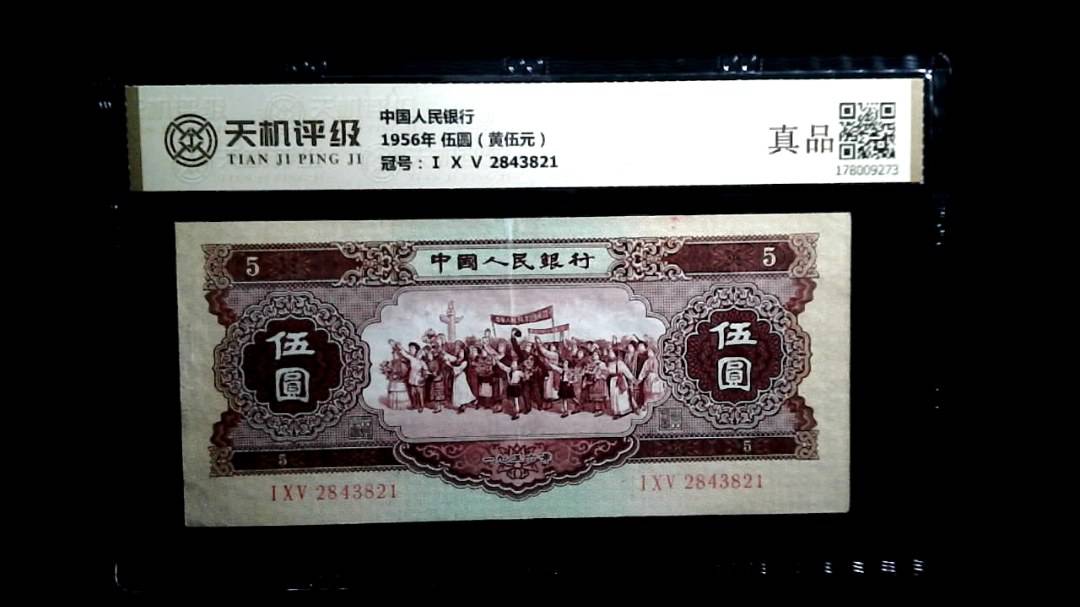 中国人民银行1956年 伍圆（黄伍元），冠号Ⅰ Ⅹ Ⅴ 2843821，纸币，钱币收藏