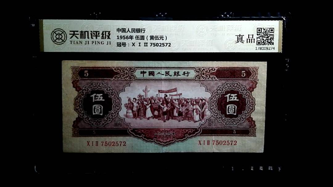 中国人民银行1956年 伍圆（黄伍元），冠号Ⅹ Ⅰ Ⅱ 7502572，纸币，钱币收藏