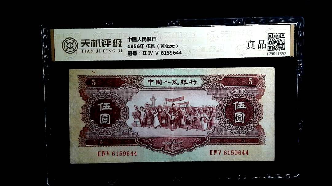 中国人民银行1956年 伍圆（黄伍元），冠号Ⅱ Ⅳ Ⅴ 6159644，纸币，钱币收藏