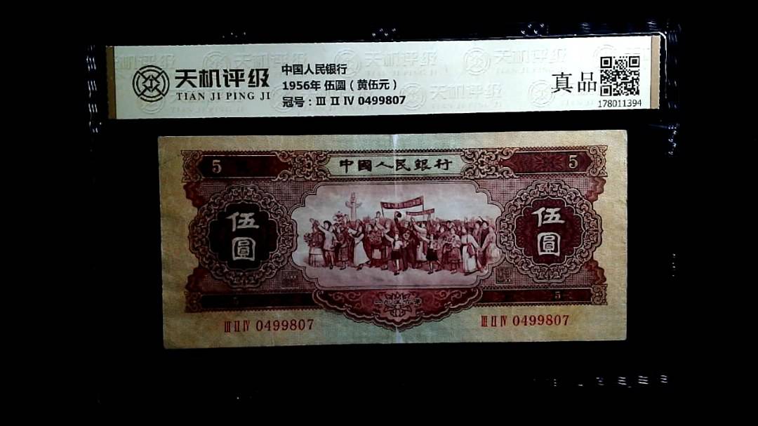 中国人民银行1956年 伍圆（黄伍元），冠号Ⅲ Ⅱ Ⅳ 0499807，纸币，钱币收藏