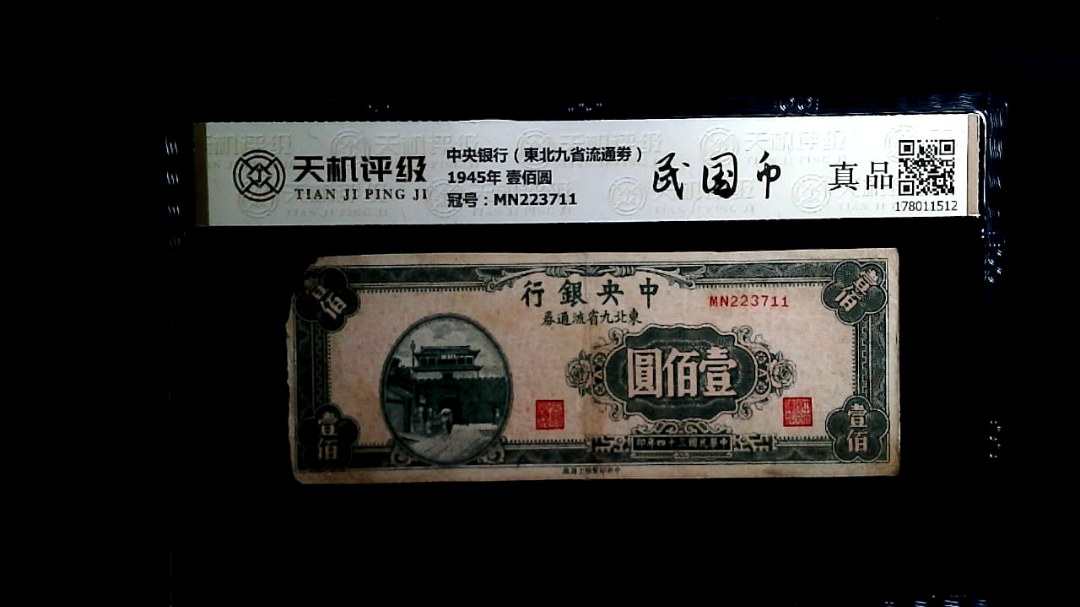 中央银行（東北九省流通劵）1945年 壹佰圆，冠号MN223711，纸币，钱币收藏