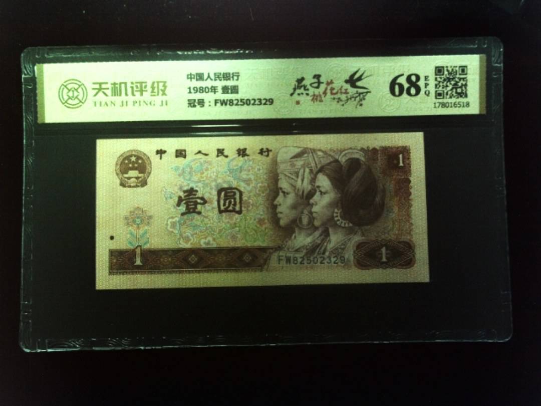 中国人民银行1980年 壹圆，冠号FW82502329，纸币，钱币收藏