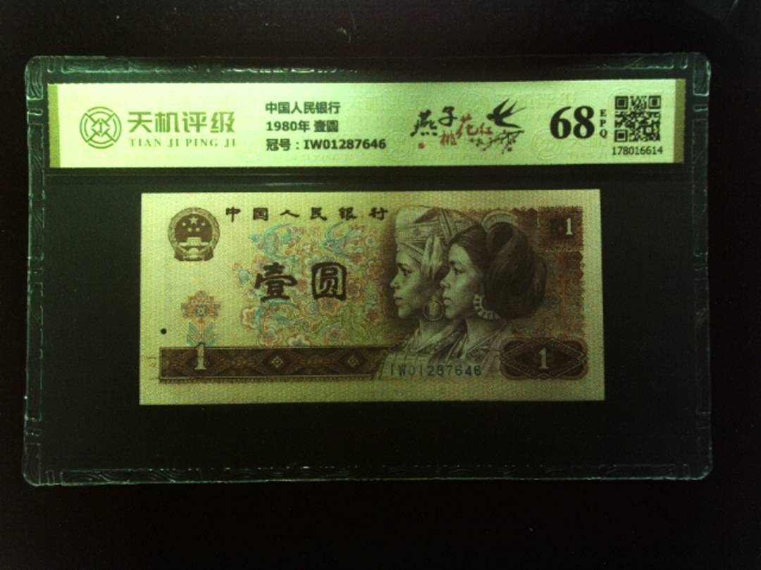 中国人民银行1980年 壹圆，冠号IW01287646，纸币，钱币收藏