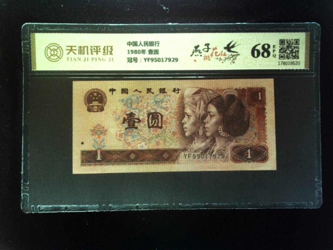 中国人民银行1980年 壹圆，冠号YF95017929，纸币，钱币收藏