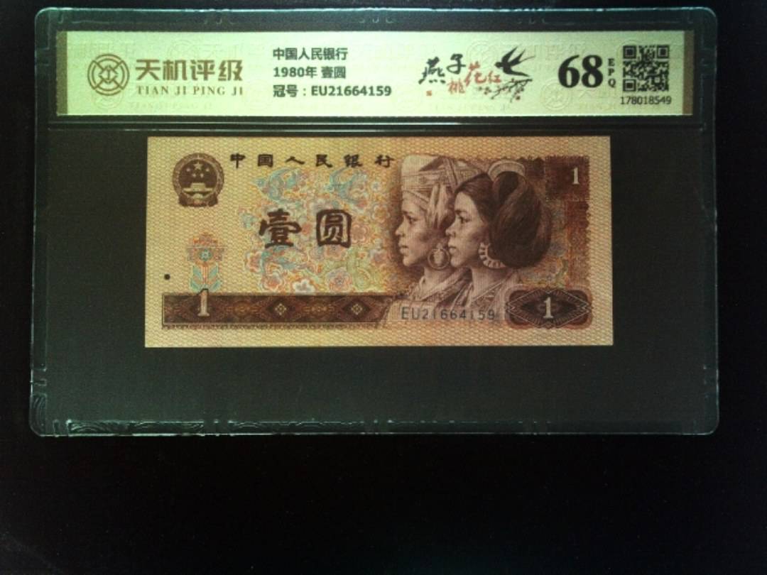 中国人民银行1980年 壹圆，冠号EU21664159，纸币，钱币收藏