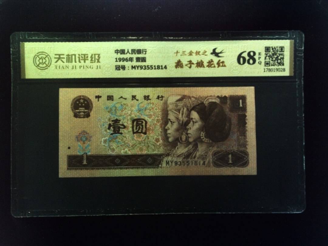 中国人民银行1996年 壹圆，冠号MY93551814，纸币，钱币收藏