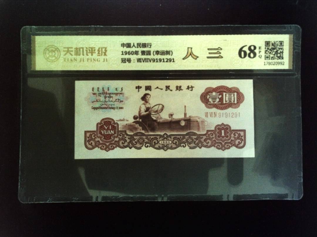 中国人民银行1960年 壹圆 (幸运树)，冠号ⅦⅥⅣ9191291，纸币，钱币收藏