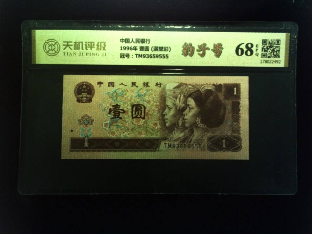 中国人民银行1996年 壹圆 (满堂彩)，冠号TM93659555，纸币，钱币收藏