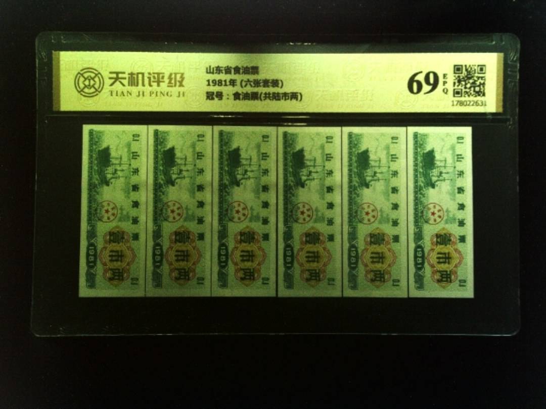 山东省食油票1981年 (六张套装)，冠号食油票(共陆市两)，纸币，钱币收藏