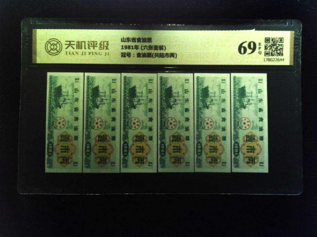 山东省食油票1981年 (六张套装)，冠号食油票(共陆市两)，纸币，钱币收藏