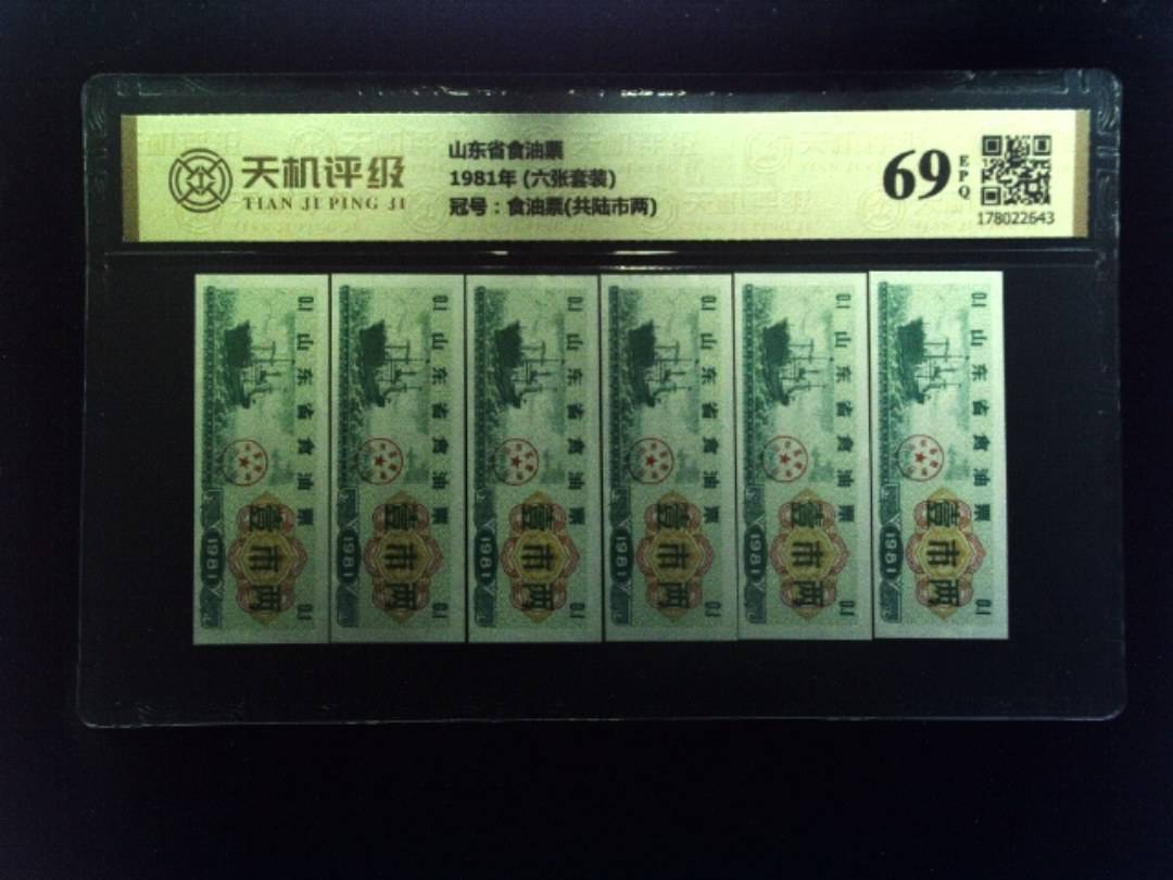 山东省食油票1981年 (六张套装)，冠号食油票(共陆市两)，纸币，钱币收藏