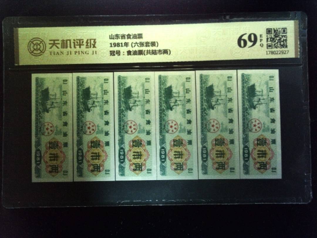 山东省食油票1981年 (六张套装)，冠号食油票(共陆市两)，纸币，钱币收藏