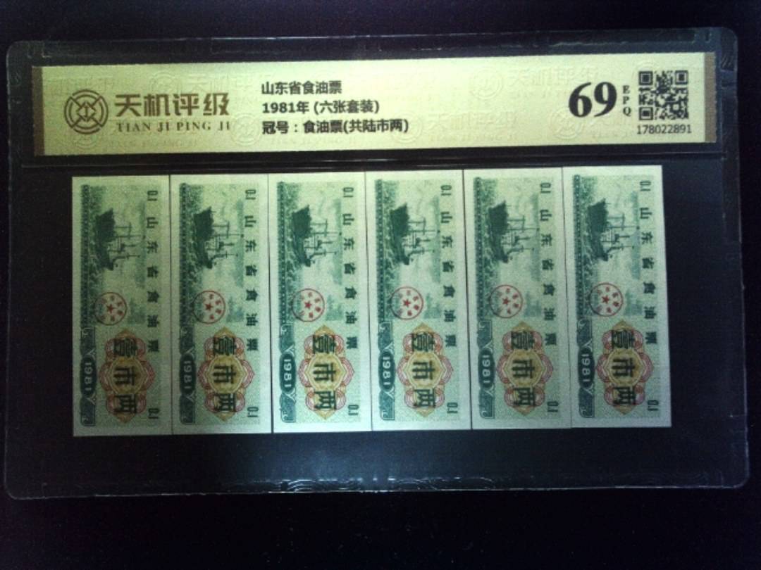 山东省食油票1981年 (六张套装)，冠号食油票(共陆市两)，纸币，钱币收藏