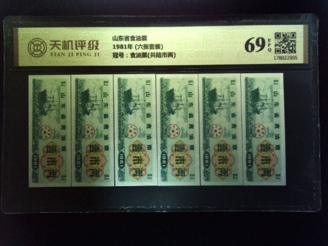 山东省食油票1981年 (六张套装)，冠号食油票(共陆市两)，纸币，钱币收藏