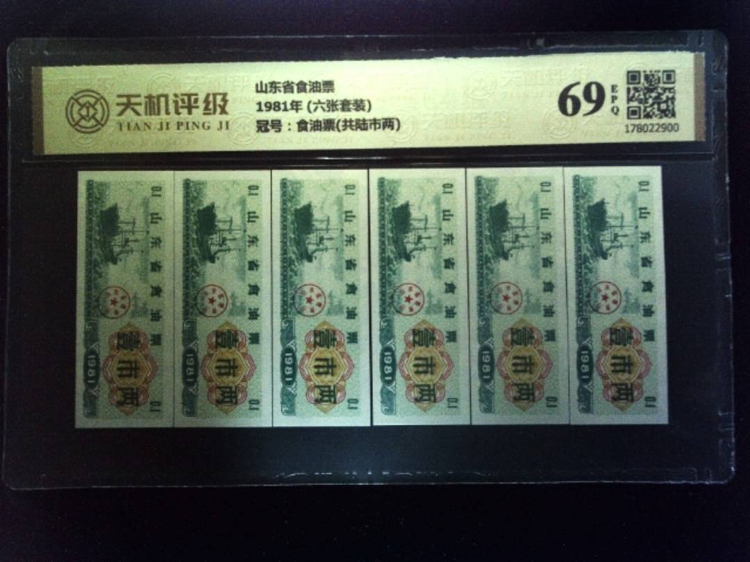 山东省食油票1981年 (六张套装)，冠号食油票(共陆市两)，纸币，钱币收藏