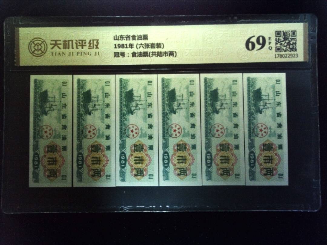 山东省食油票1981年 (六张套装)，冠号食油票(共陆市两)，纸币，钱币收藏