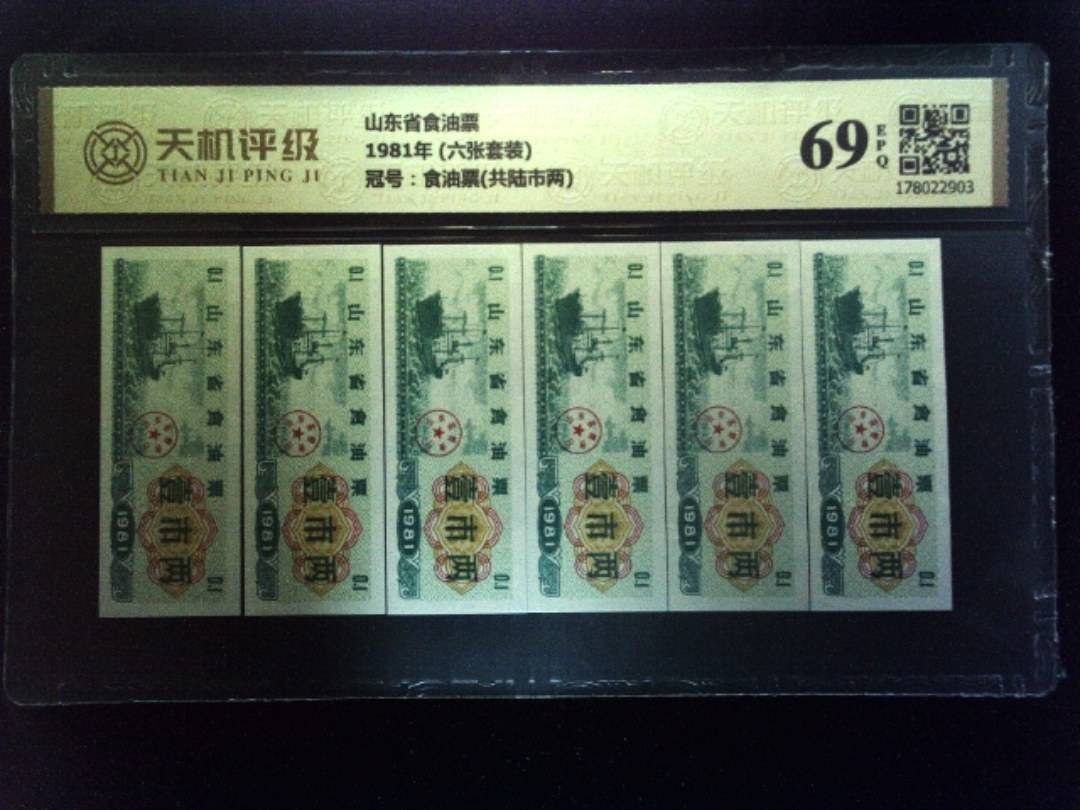 山东省食油票1981年 (六张套装)，冠号食油票(共陆市两)，纸币，钱币收藏