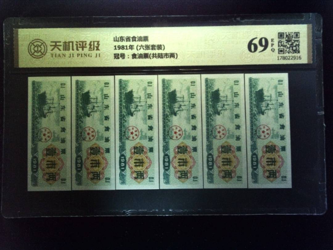 山东省食油票1981年 (六张套装)，冠号食油票(共陆市两)，纸币，钱币收藏