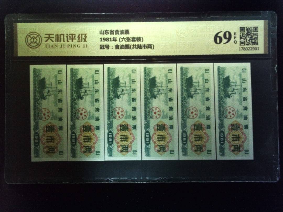 山东省食油票1981年 (六张套装)，冠号食油票(共陆市两)，纸币，钱币收藏