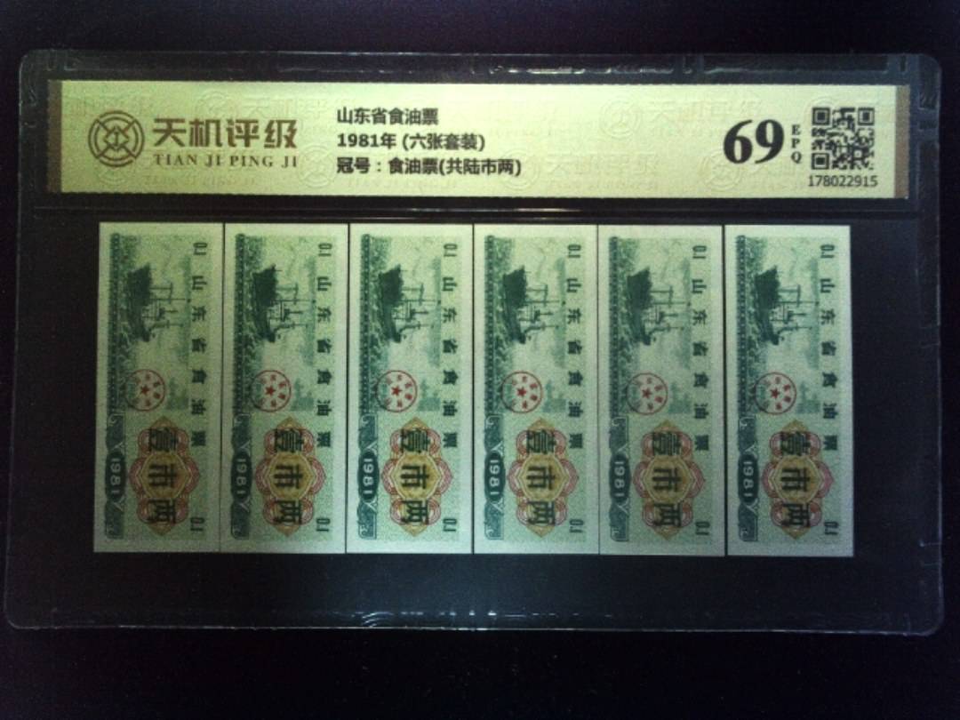 山东省食油票1981年 (六张套装)，冠号食油票(共陆市两)，纸币，钱币收藏