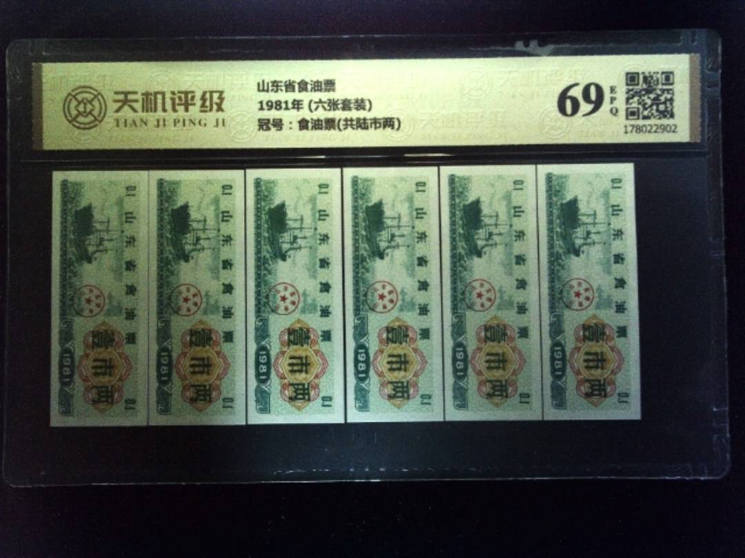 山东省食油票1981年 (六张套装)，冠号食油票(共陆市两)，纸币，钱币收藏