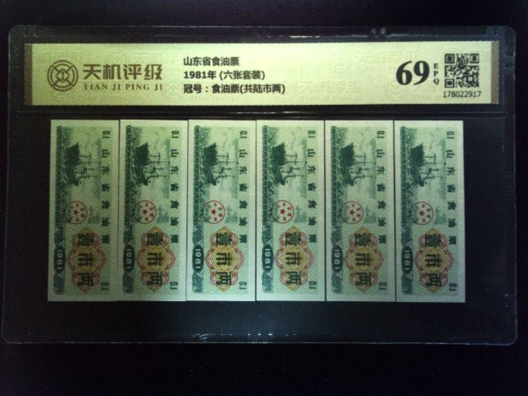 山东省食油票1981年 (六张套装)，冠号食油票(共陆市两)，纸币，钱币收藏
