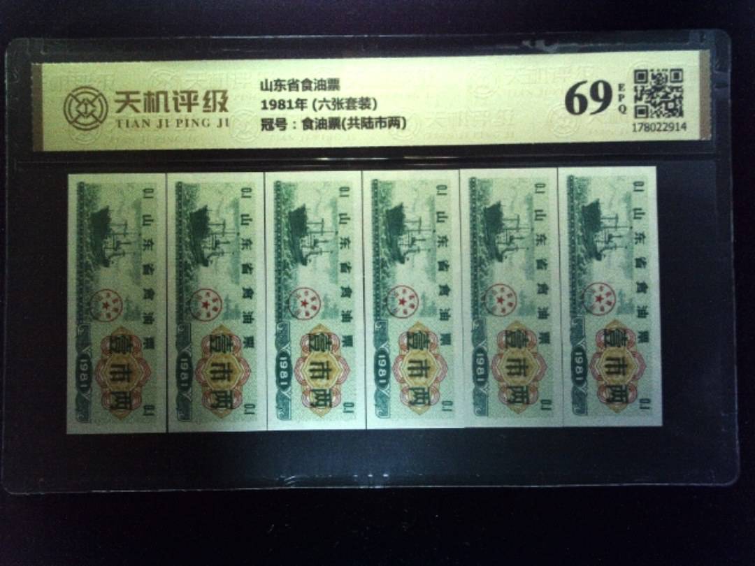 山东省食油票1981年 (六张套装)，冠号食油票(共陆市两)，纸币，钱币收藏