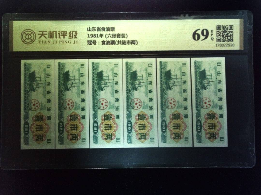 山东省食油票1981年 (六张套装)，冠号食油票(共陆市两)，纸币，钱币收藏