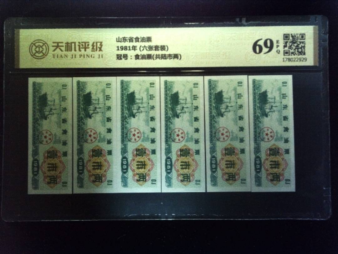 山东省食油票1981年 (六张套装)，冠号食油票(共陆市两)，纸币，钱币收藏