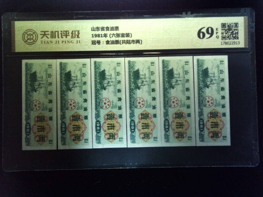 山东省食油票1981年 (六张套装)，冠号食油票(共陆市两)，纸币，钱币收藏