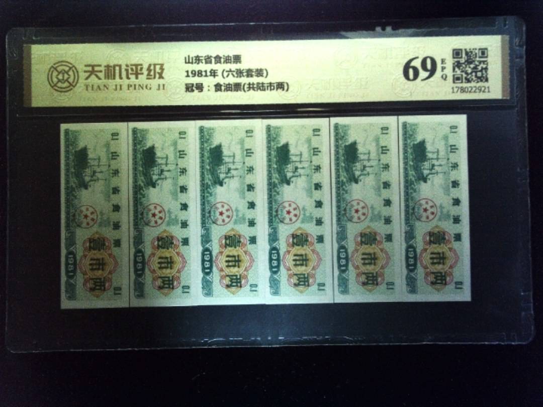 山东省食油票1981年 (六张套装)，冠号食油票(共陆市两)，纸币，钱币收藏