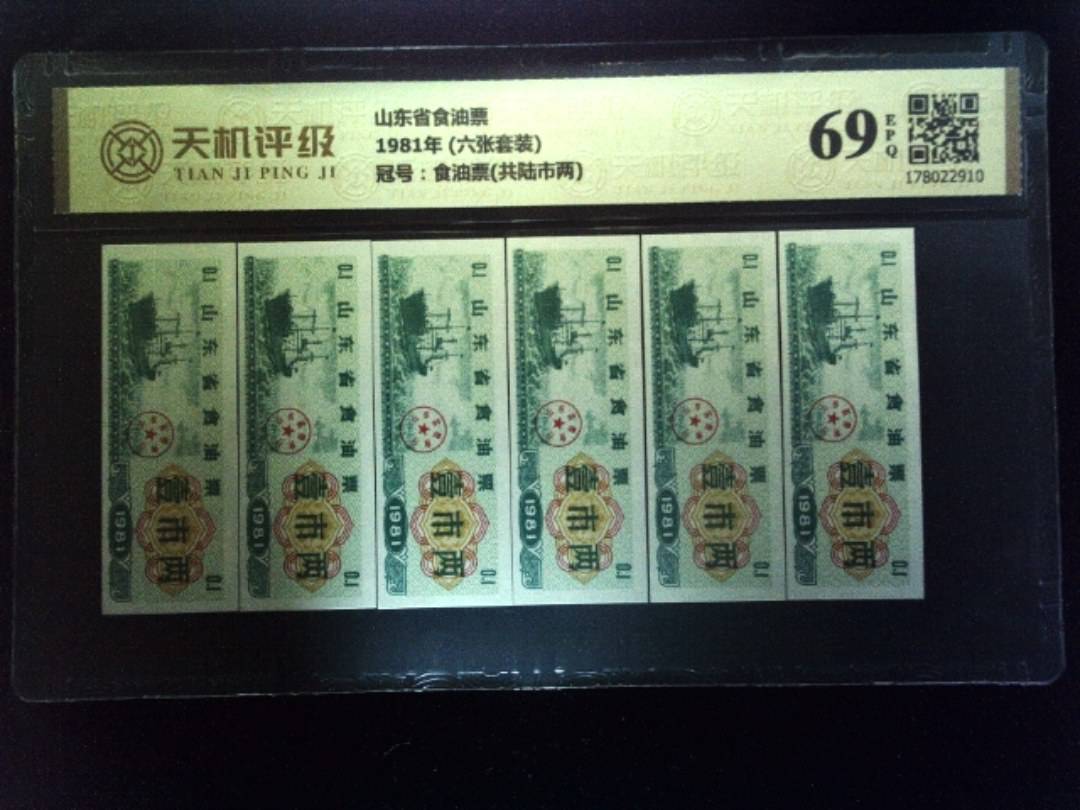 山东省食油票1981年 (六张套装)，冠号食油票(共陆市两)，纸币，钱币收藏