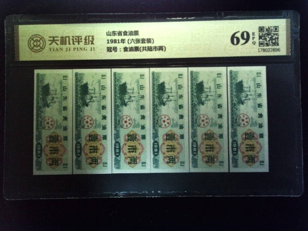 山东省食油票1981年 (六张套装)，冠号食油票(共陆市两)，纸币，钱币收藏