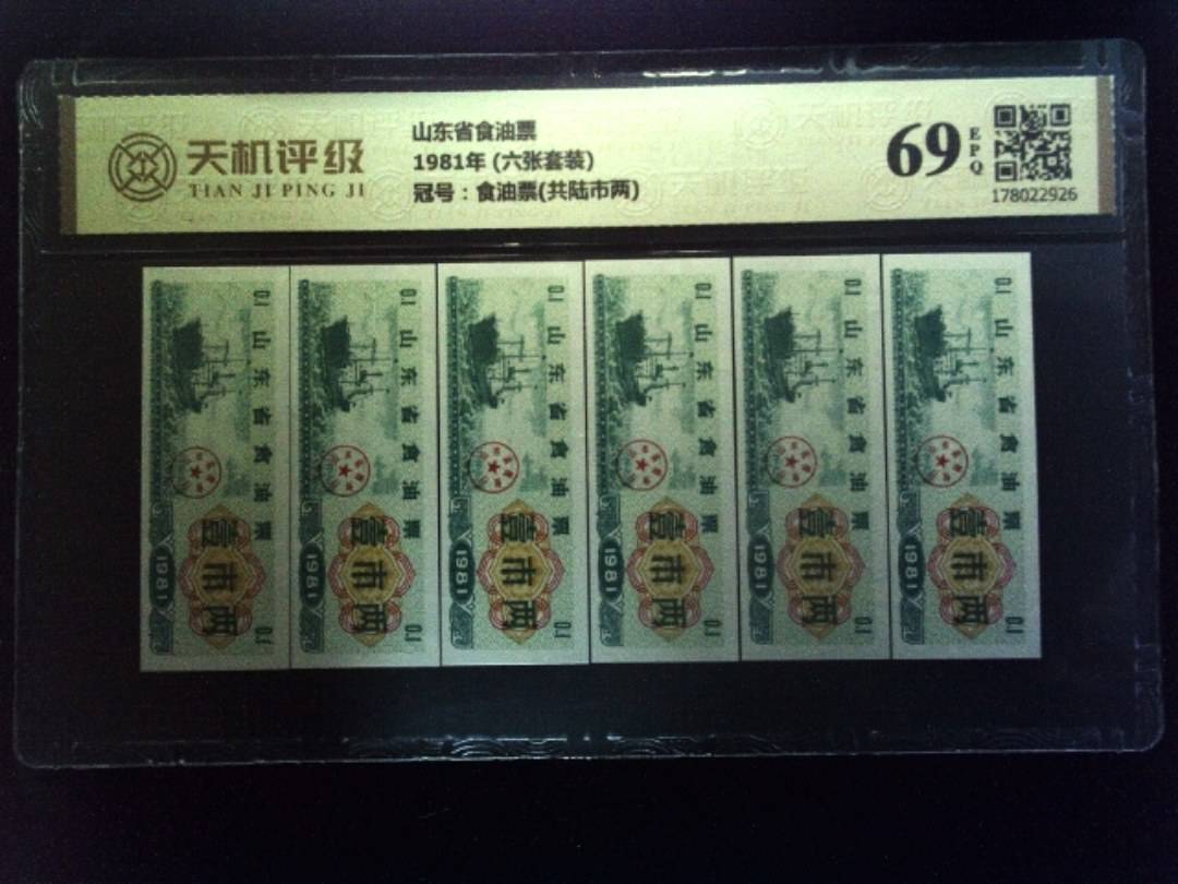 山东省食油票1981年 (六张套装)，冠号食油票(共陆市两)，纸币，钱币收藏