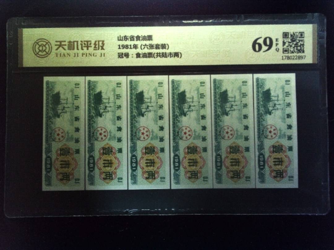 山东省食油票1981年 (六张套装)，冠号食油票(共陆市两)，纸币，钱币收藏