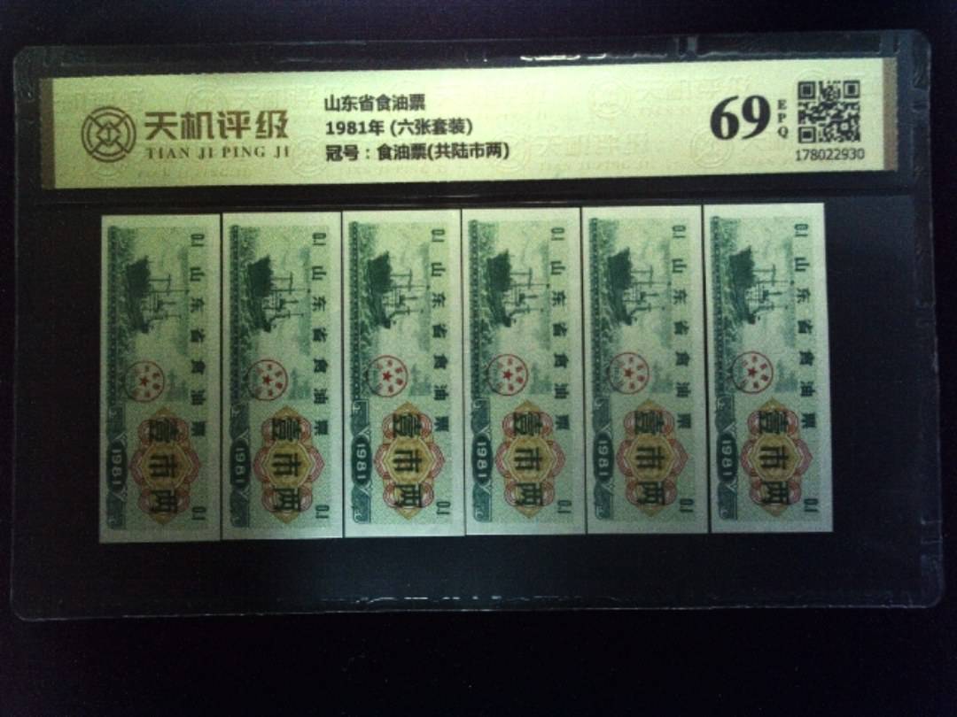 山东省食油票1981年 (六张套装)，冠号食油票(共陆市两)，纸币，钱币收藏