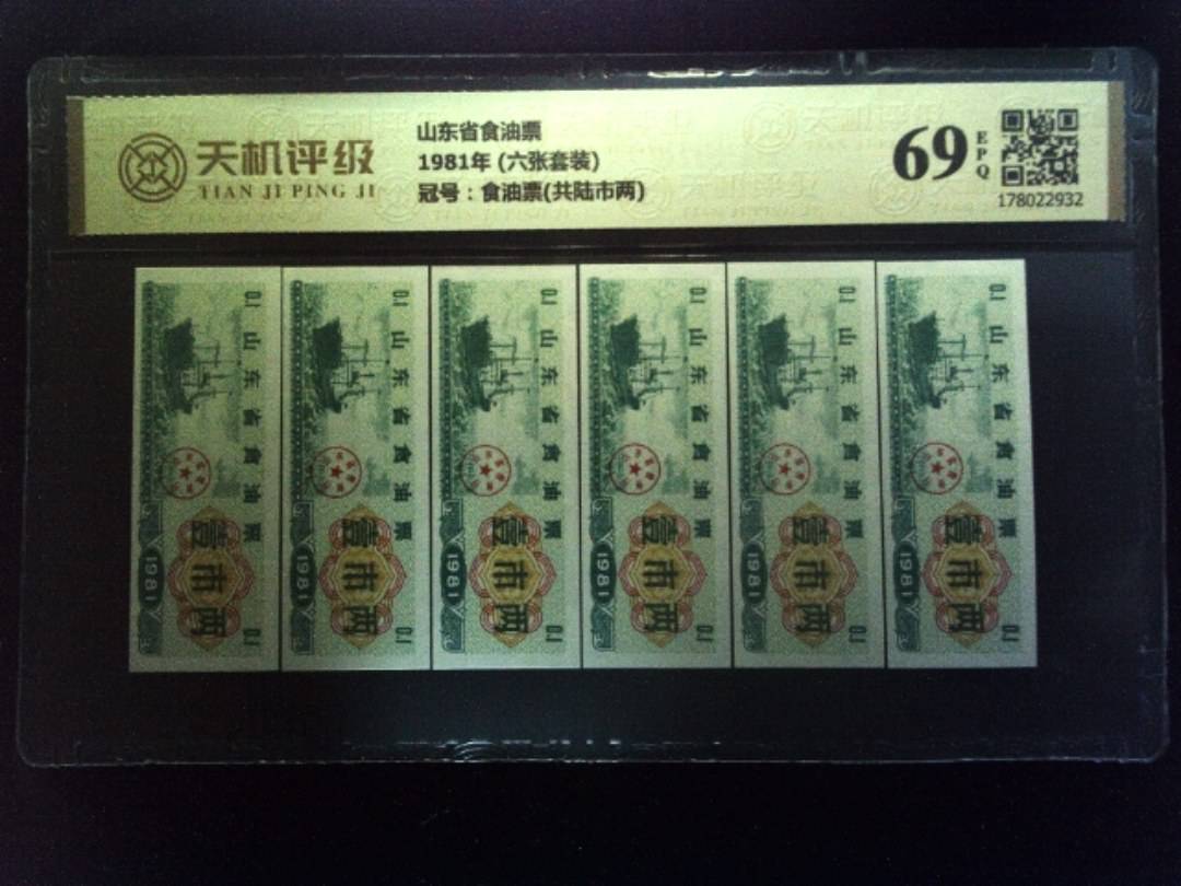 山东省食油票1981年 (六张套装)，冠号食油票(共陆市两)，纸币，钱币收藏