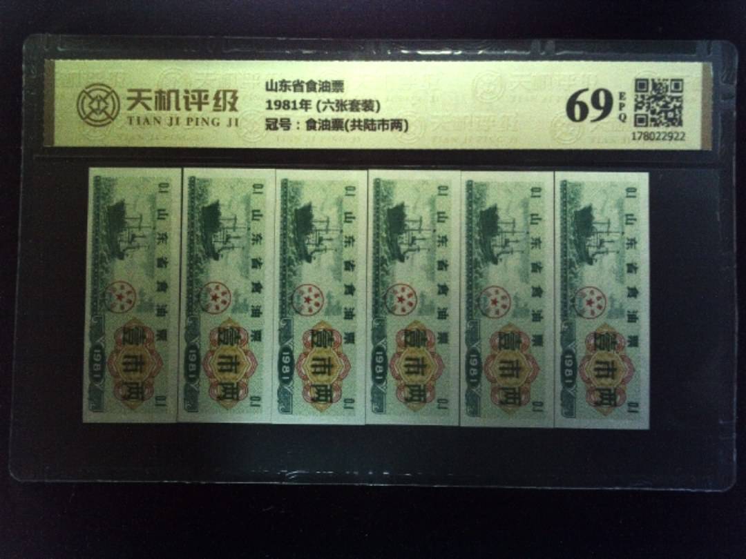 山东省食油票1981年 (六张套装)，冠号食油票(共陆市两)，纸币，钱币收藏