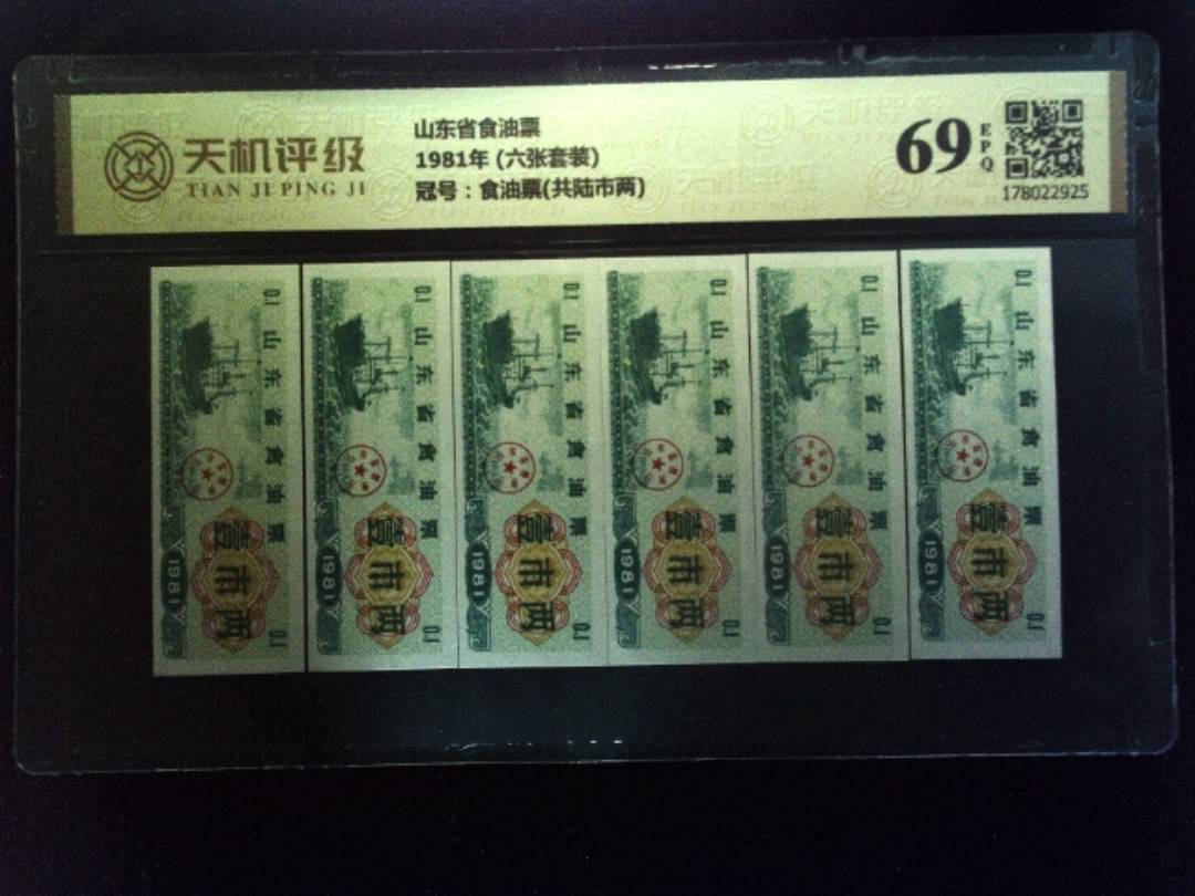 山东省食油票1981年 (六张套装)，冠号食油票(共陆市两)，纸币，钱币收藏