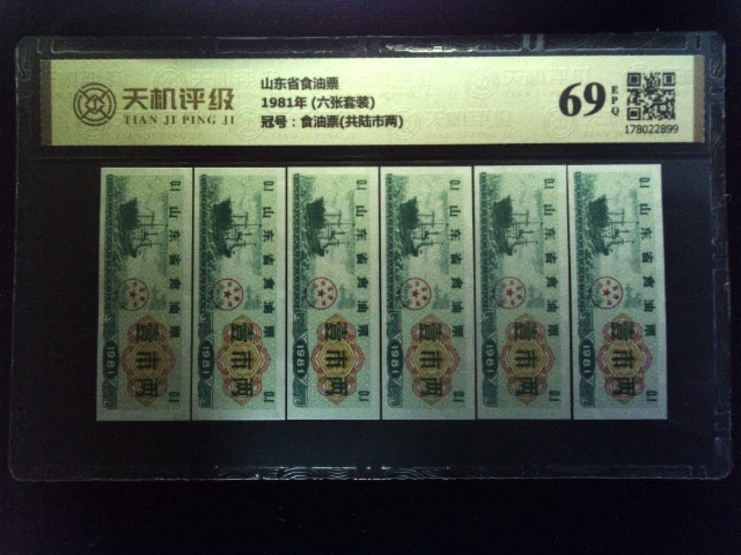 山东省食油票1981年 (六张套装)，冠号食油票(共陆市两)，纸币，钱币收藏
