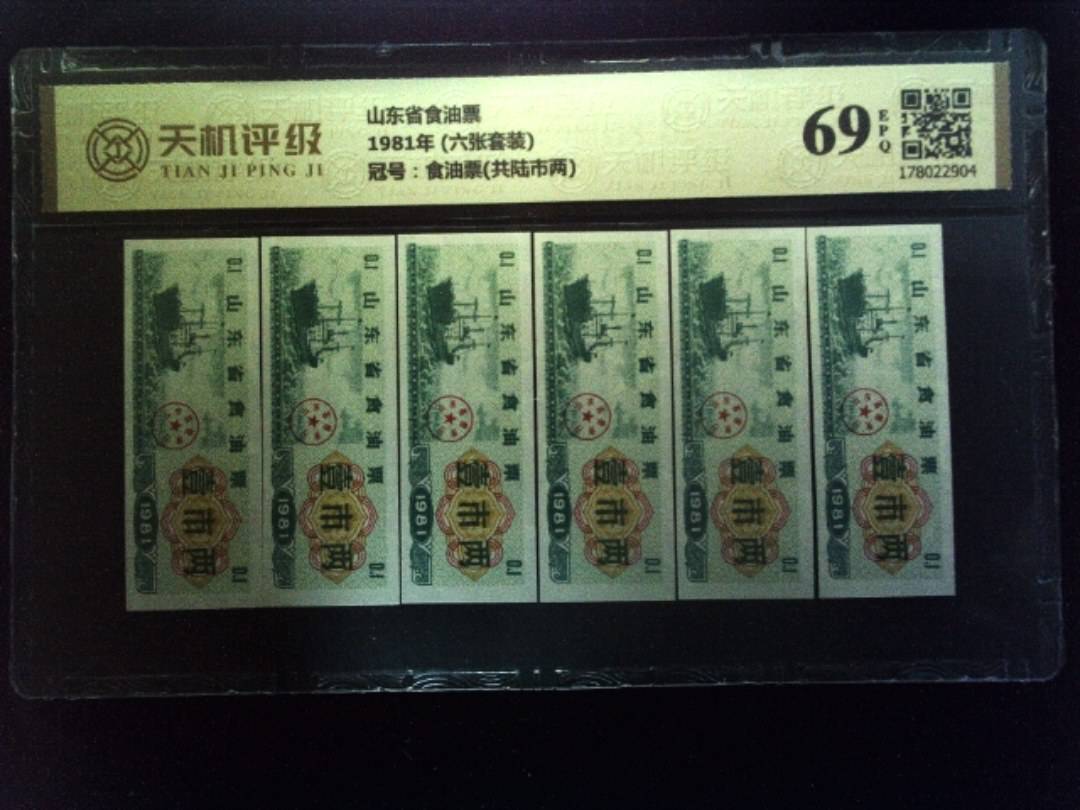 山东省食油票1981年 (六张套装)，冠号食油票(共陆市两)，纸币，钱币收藏