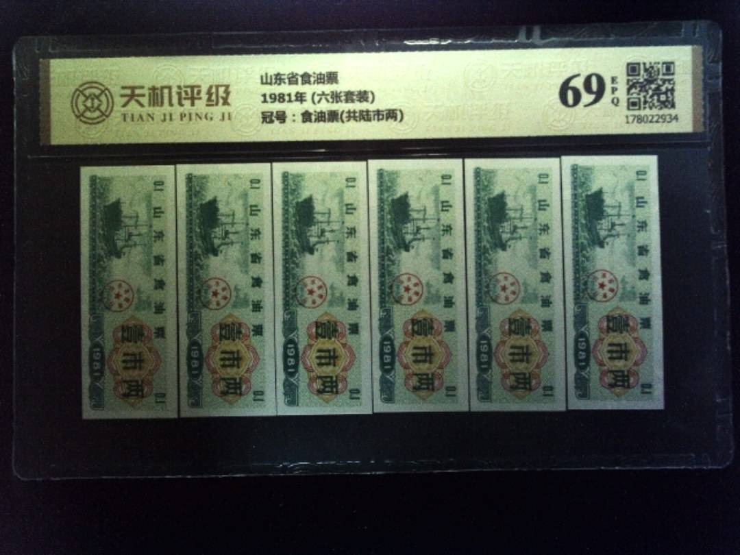 山东省食油票1981年 (六张套装)，冠号食油票(共陆市两)，纸币，钱币收藏