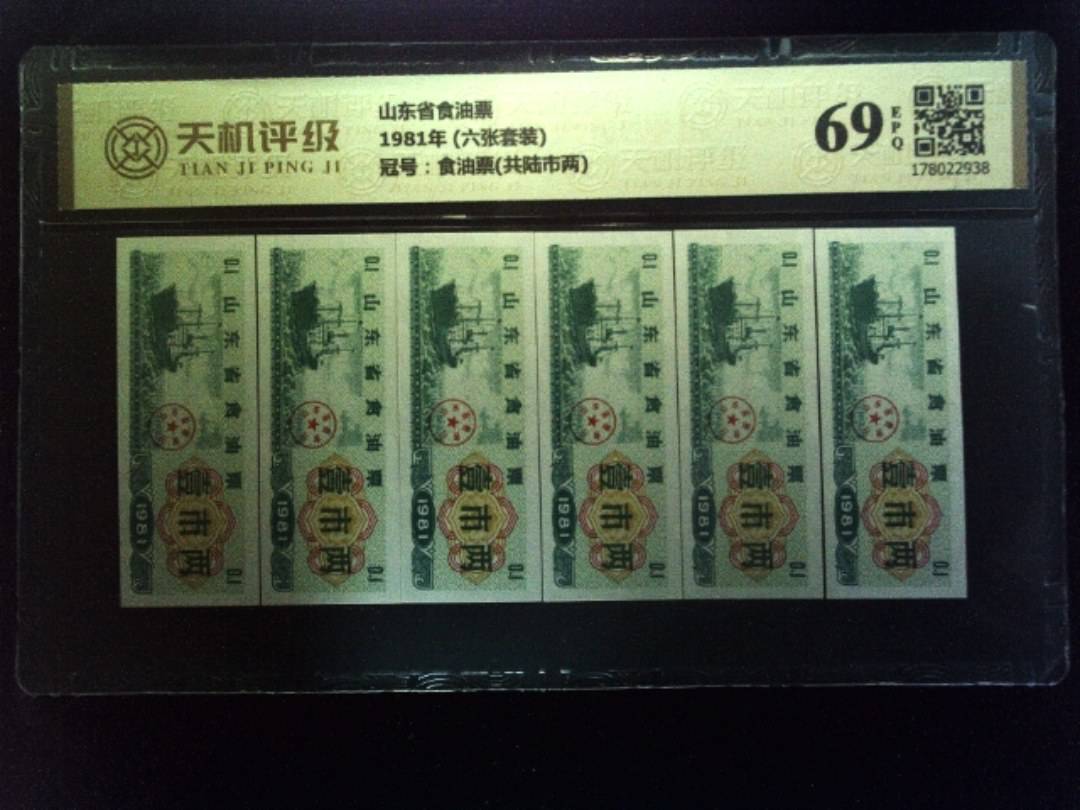 山东省食油票1981年 (六张套装)，冠号食油票(共陆市两)，纸币，钱币收藏