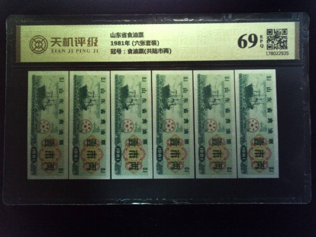山东省食油票1981年 (六张套装)，冠号食油票(共陆市两)，纸币，钱币收藏
