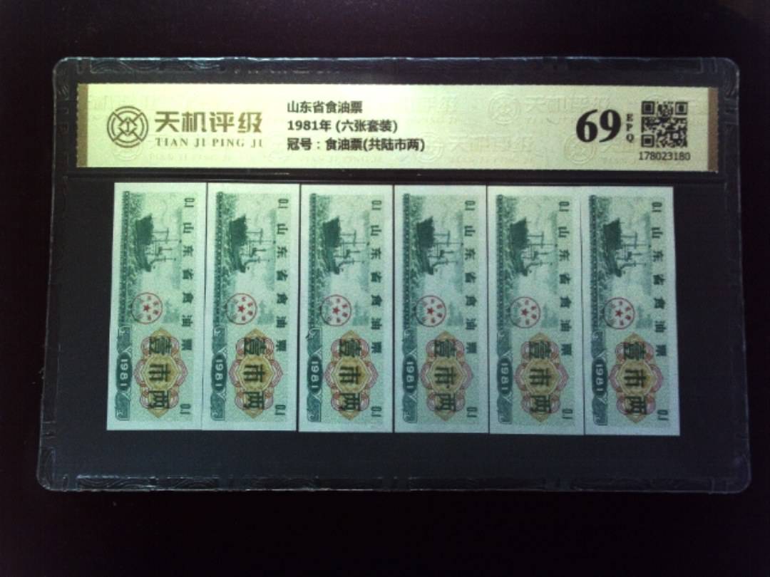 山东省食油票1981年 (六张套装)，冠号食油票(共陆市两)，纸币，钱币收藏