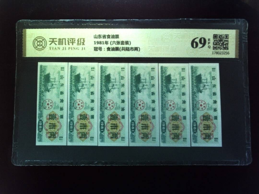 山东省食油票1981年 (六张套装)，冠号食油票(共陆市两)，纸币，钱币收藏