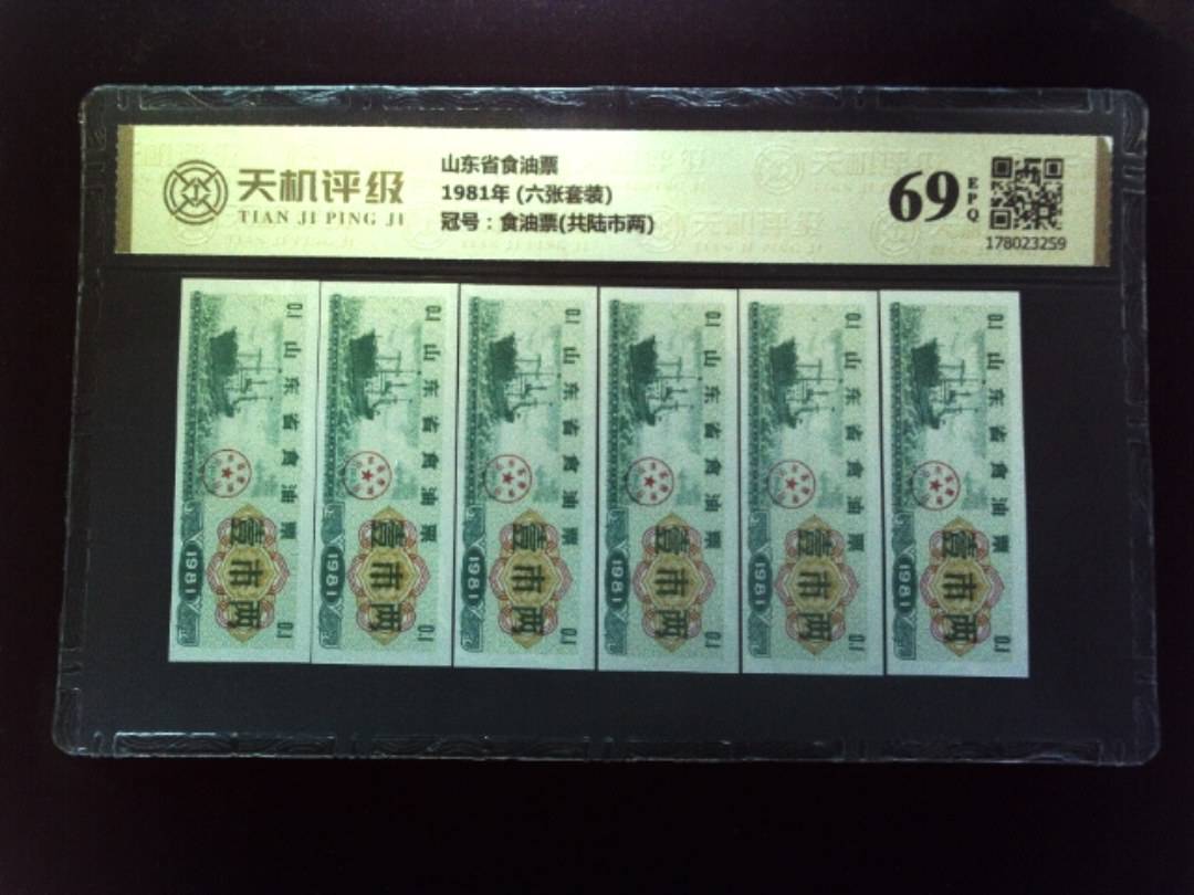 山东省食油票1981年 (六张套装)，冠号食油票(共陆市两)，纸币，钱币收藏